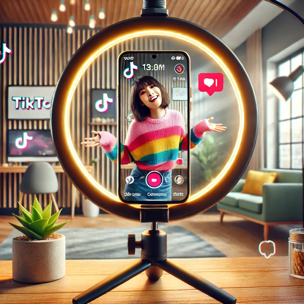 A vibrant scene of a social media influencer going live on TikTok. The setting is a well-lit, modern room with a smartphone mounted on a tripod. The influencer, a young energetic person, is engaging with their audience, smiling and gesturing towards the camera. The TikTok interface elements, like hearts, comments, and gift icons, are subtly visible as floating graphics. A ring light illuminates the scene, enhancing the professional streaming atmosphere.